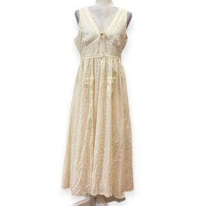 In Loom Cream Embroidered Boho Maxi Dress M Pockets Lined Crinkle Cotton Prairie